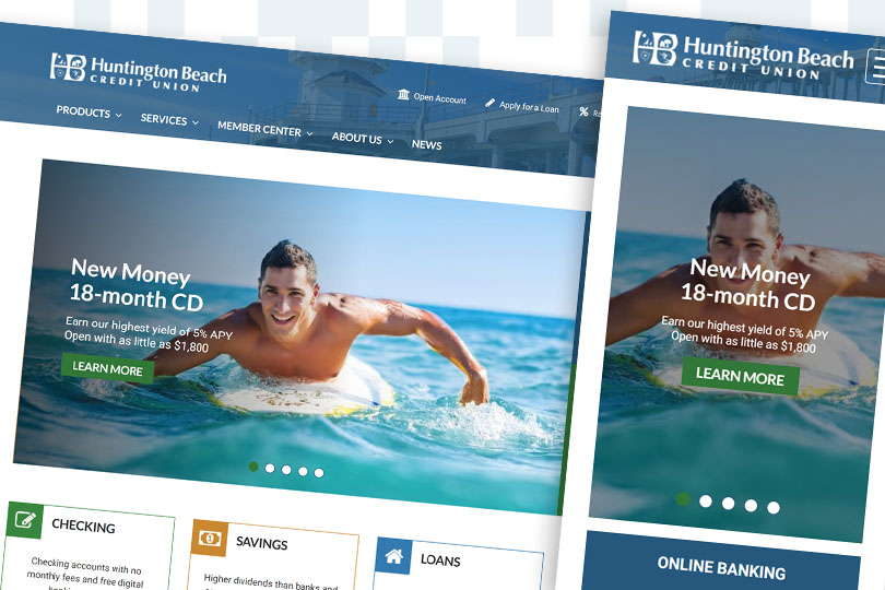 Huntington Beach Credit Union desktop and mobile screenshots