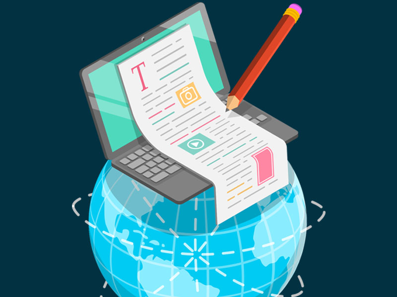 Illustration of laptop on a globe and pencil