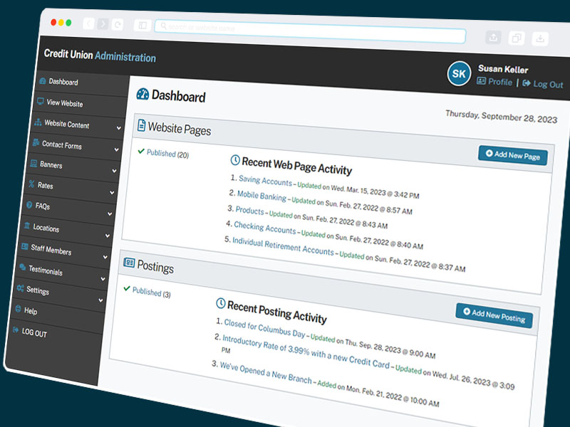 credit union web design's custom content management system dashboard