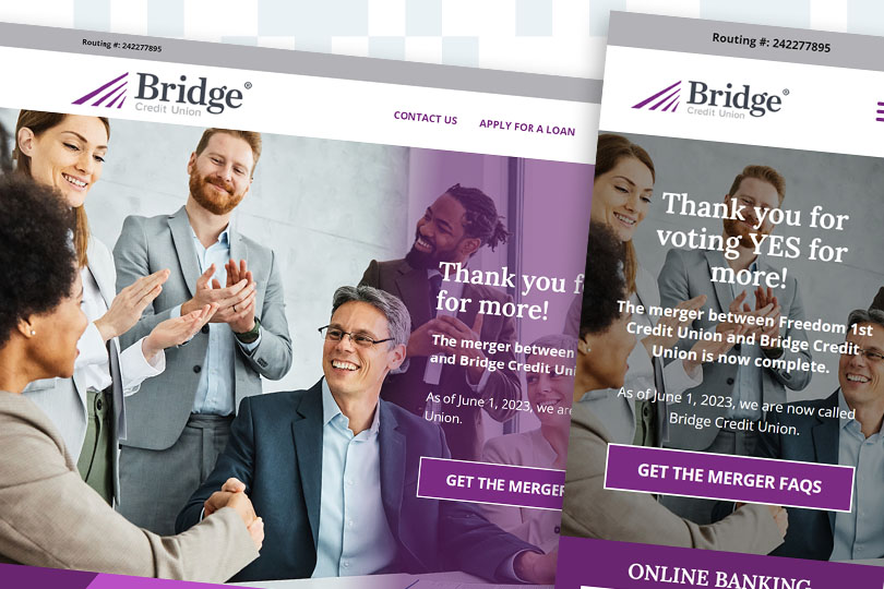 Freedom 1st/Bridge Credit Union desktop and mobile screenshots